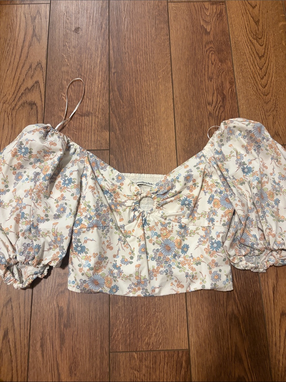 Floral Puff-Sleeve Crop Top in Cream and Blue